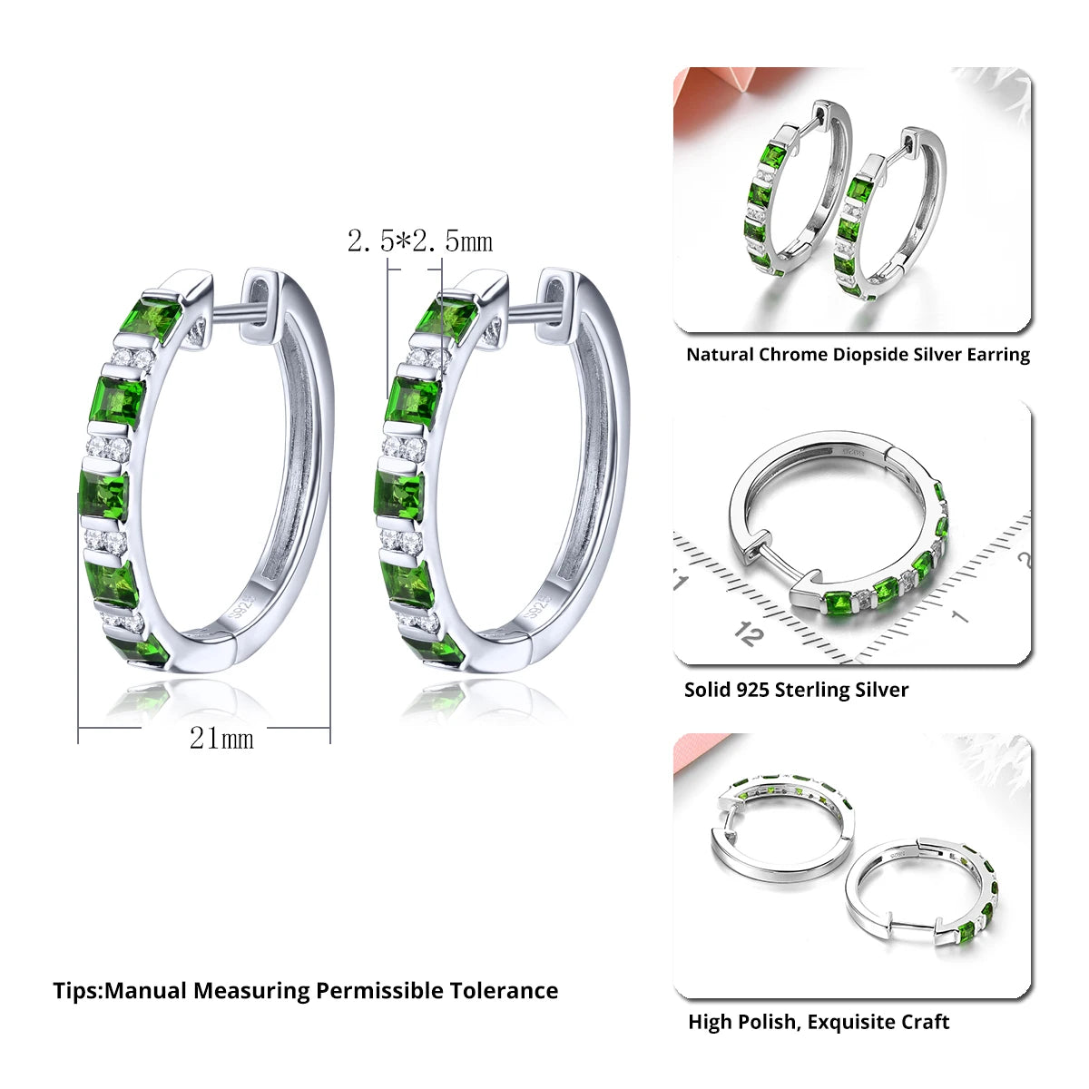 Natural Chrome Diopside Solid Sterling Silver Clip Earring 1.5 Carats Classic Romantic Women Style Fine Jewelrys Anniversary