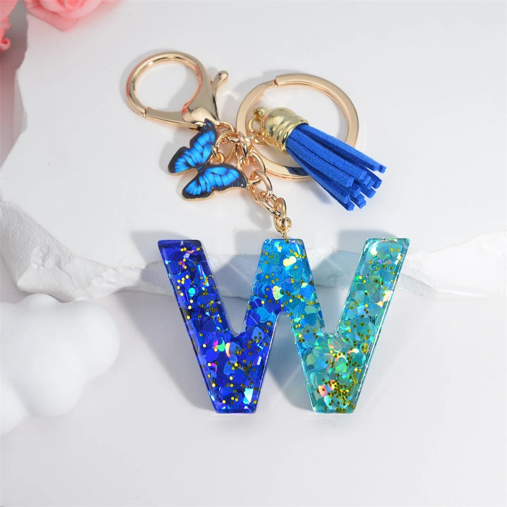 Sea Blue A To Z 26 Letter Keychain Women Wallet Charms 26 Initials Alphabet Butterfly Tassel Pendant With Key Rings Jewelry Gift W 55mm
