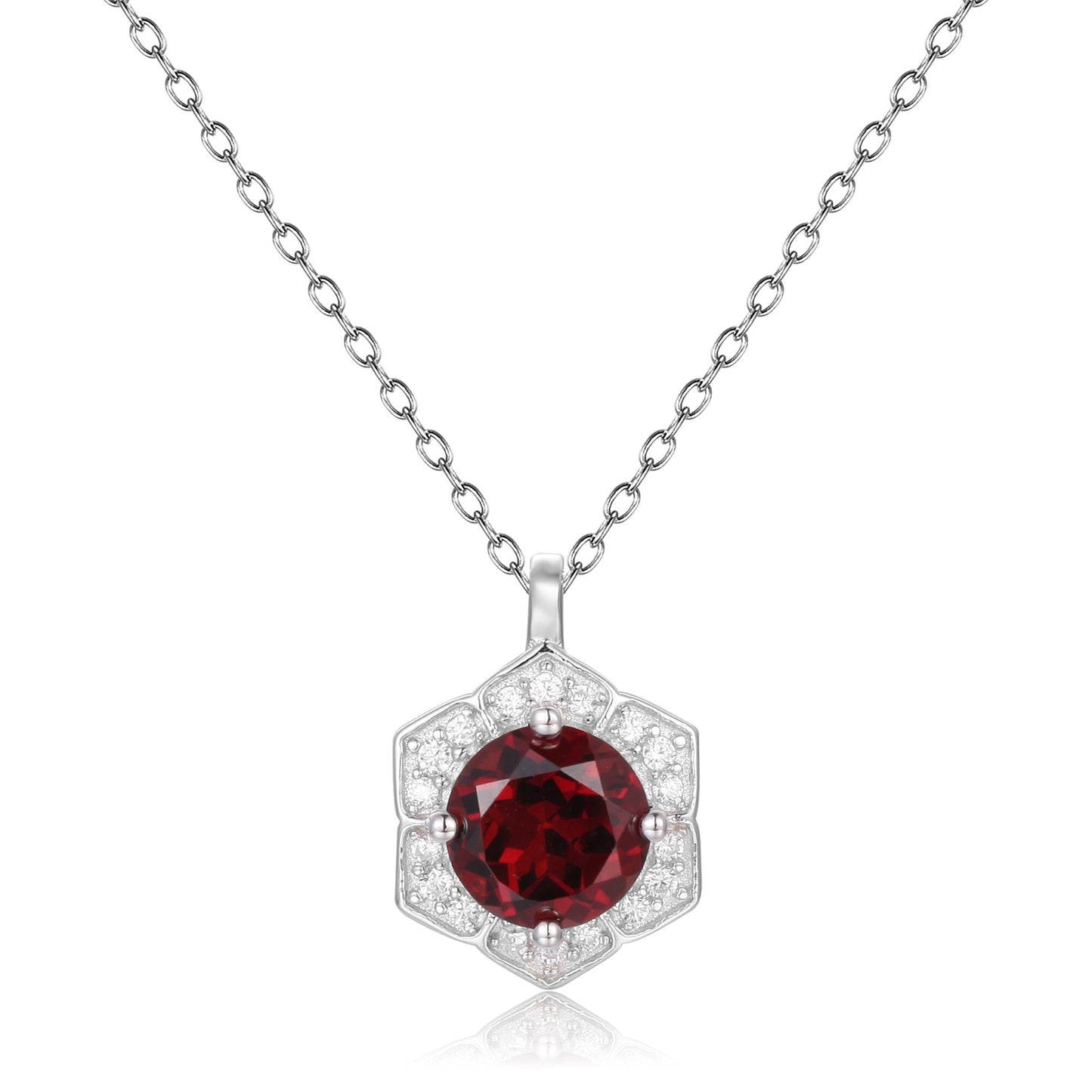 GEM&#39;S BALLET Hexagon Gemstone Necklace 6mm Round Red Garnet Halo Solitarie Pendant Necklace in 925 Sterling Silver Gift For Her Garnet 45cm|925 Sterling Silver