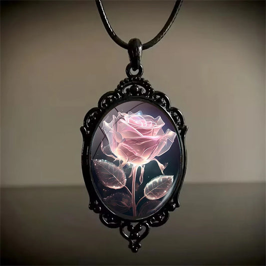 Charm Pink Flower Pendant Necklace Rose Pattern Glass Ellipse - A niche style suitable for Romantic Gifts and Special Occasions