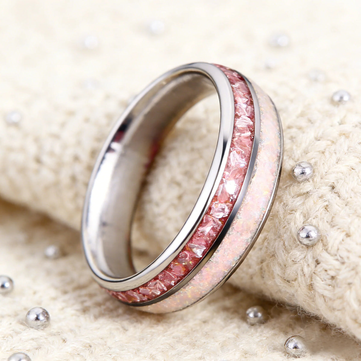 Fashion 8mm Silver Color Women Stainless Steel Ring with White Opal and Pink Stone Inlay Rings for Men Women Wedding Jewelry