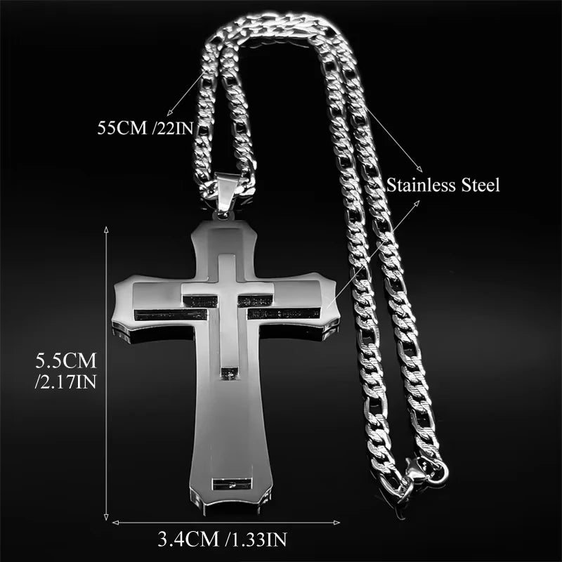 Big Jesus Christian Cross Pendant Necklace for Man Women Stainless Steel Silver Color Link Figaro NK Chain Male Collier Jewelry