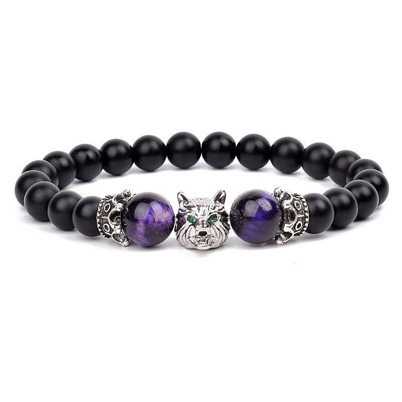 Wolf Charm Bracelets Men Natural Black Agates Onyx Stone Bracelet Brave Blue Tiger Eye Elastic 8 mm Beads Jewelry Beaded Pulsera Purple tiger eye 1