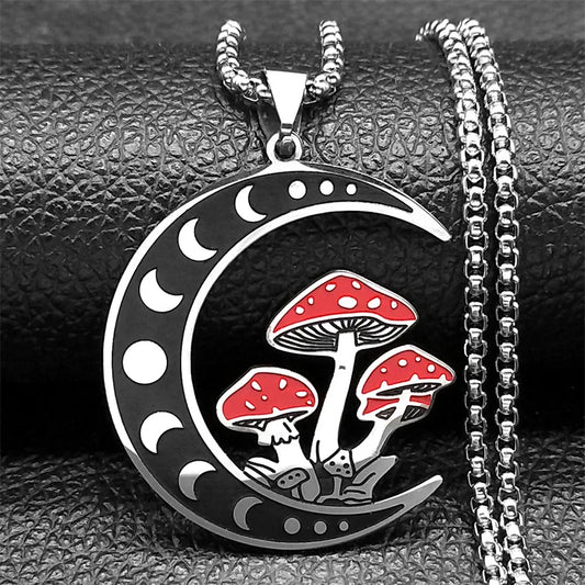 Witchcraft Moon Mushroom Pendant Necklace For Women Men Stainless Steel Silver Color Sun Trend Aesthetic Chain Jewelry Gifts
