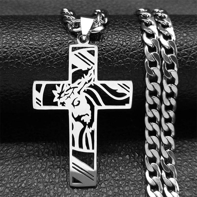 Hip Hop Punk Crown of Thorns Jesus Cross Necklace for Men Stainless Steel Gold Plated Crucifix Pendant Necklaces Jewelry N8052 A 60cm NK SR