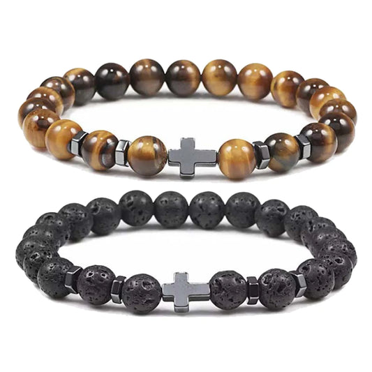 Kirykle 8mm Natural Volcanic Rock Tiger Stone White Pine Black Gallstone Cross Beaded Men's and Women's Bracelet Yoga Jewelry