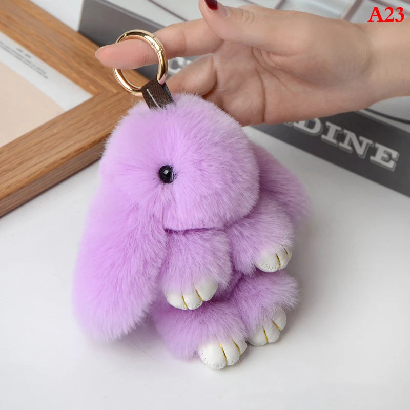 Rabbit Keychain Ring Fluffy Real Fur Pompon Bunny Trinket Key Chain Charm Cute Key Ring On Bag Car Key Pendant Purple