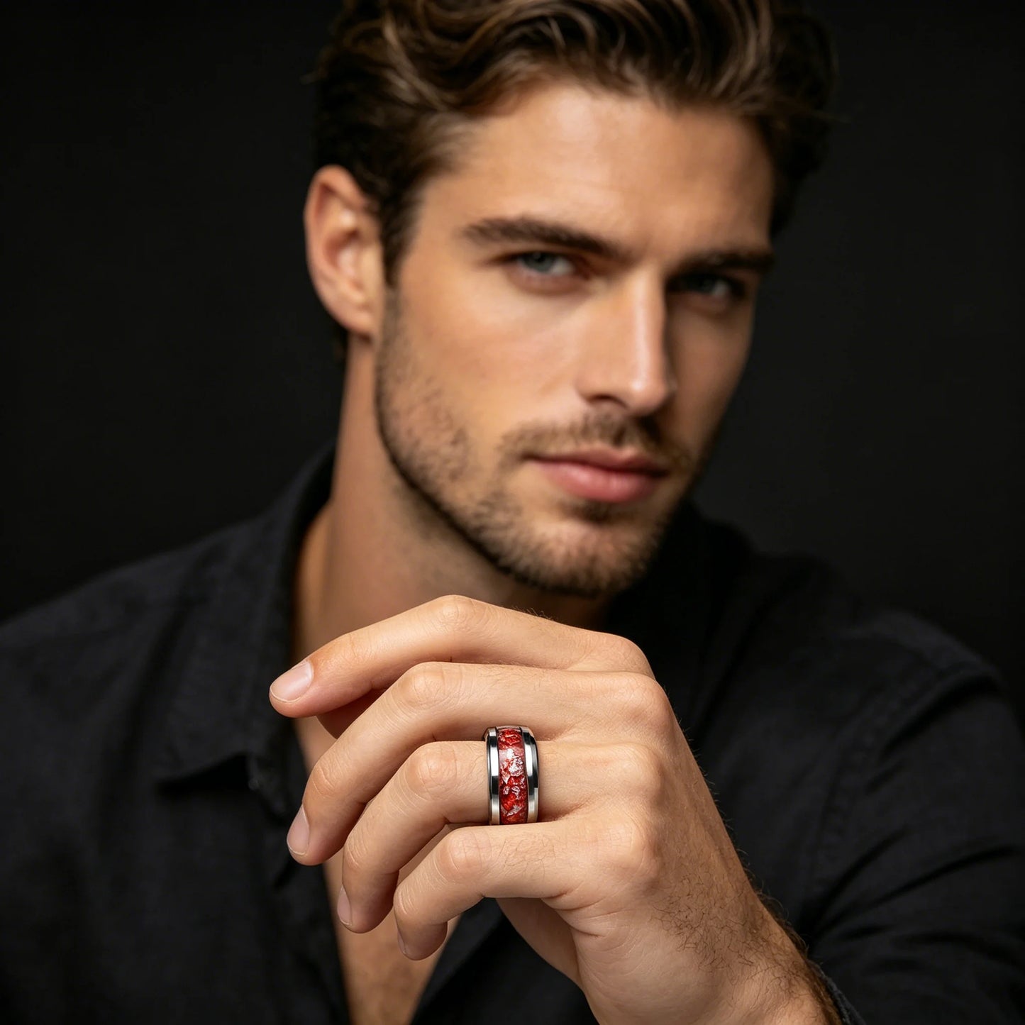 8mm Red White Stone Grain Stainless Steel Ring, Cool Promise Wedding Band for Men & Women, Comfort Fit, Wedding Band Jewelry