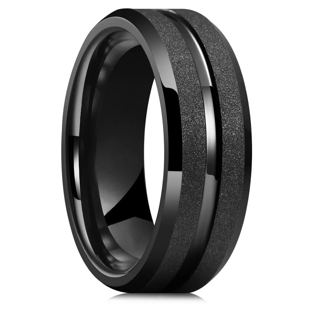 Trendy 8mm Men Frosted Stainless Steel Rings, Gold Color Brushed Groove Beveled Edge Engagement Rings For Men, Wedding Jewelry