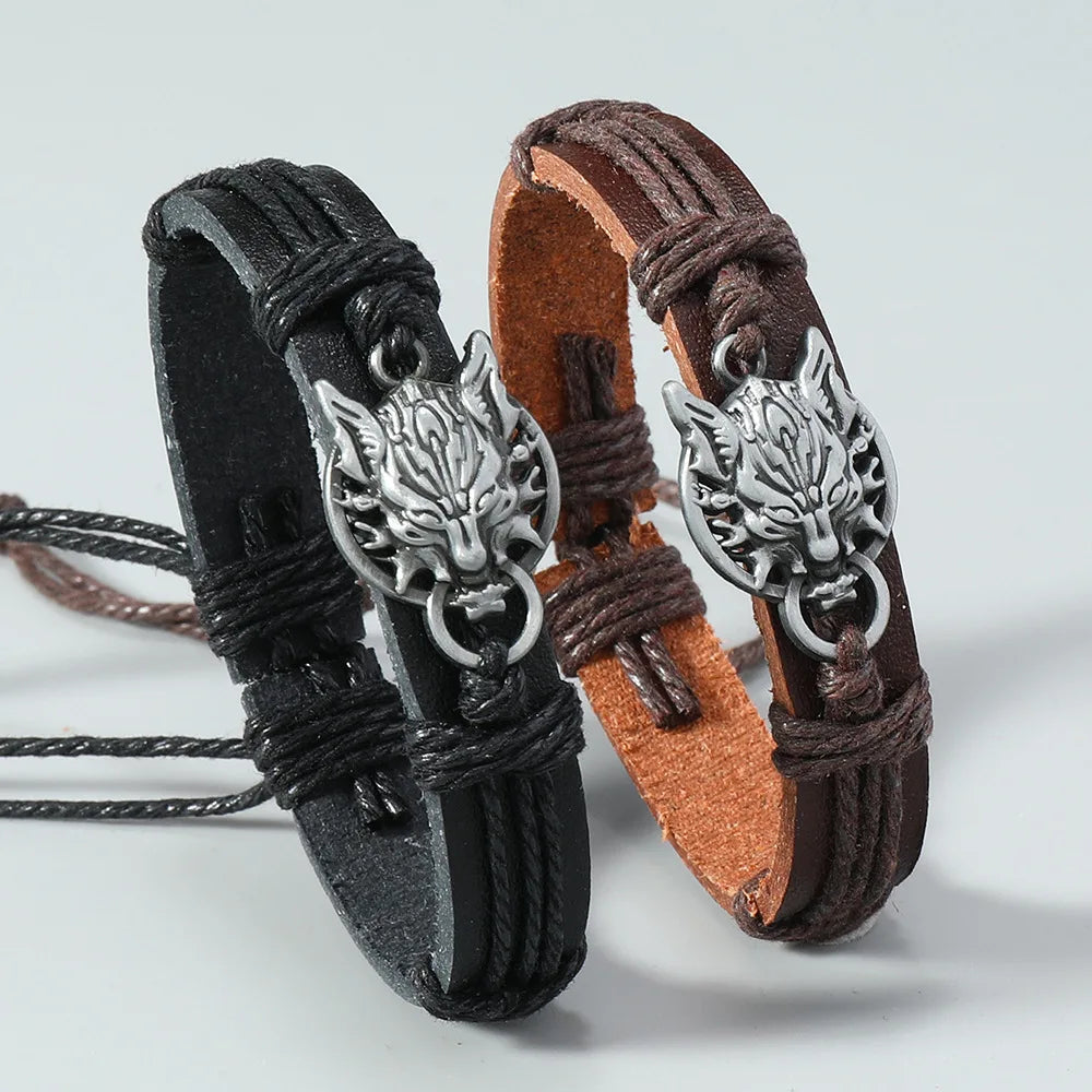 Retro Wolf Head Charm Bracelet Men Hand-woven Leather Bracelets Pull Adjustment Punk Style Simple Jewelry Gift