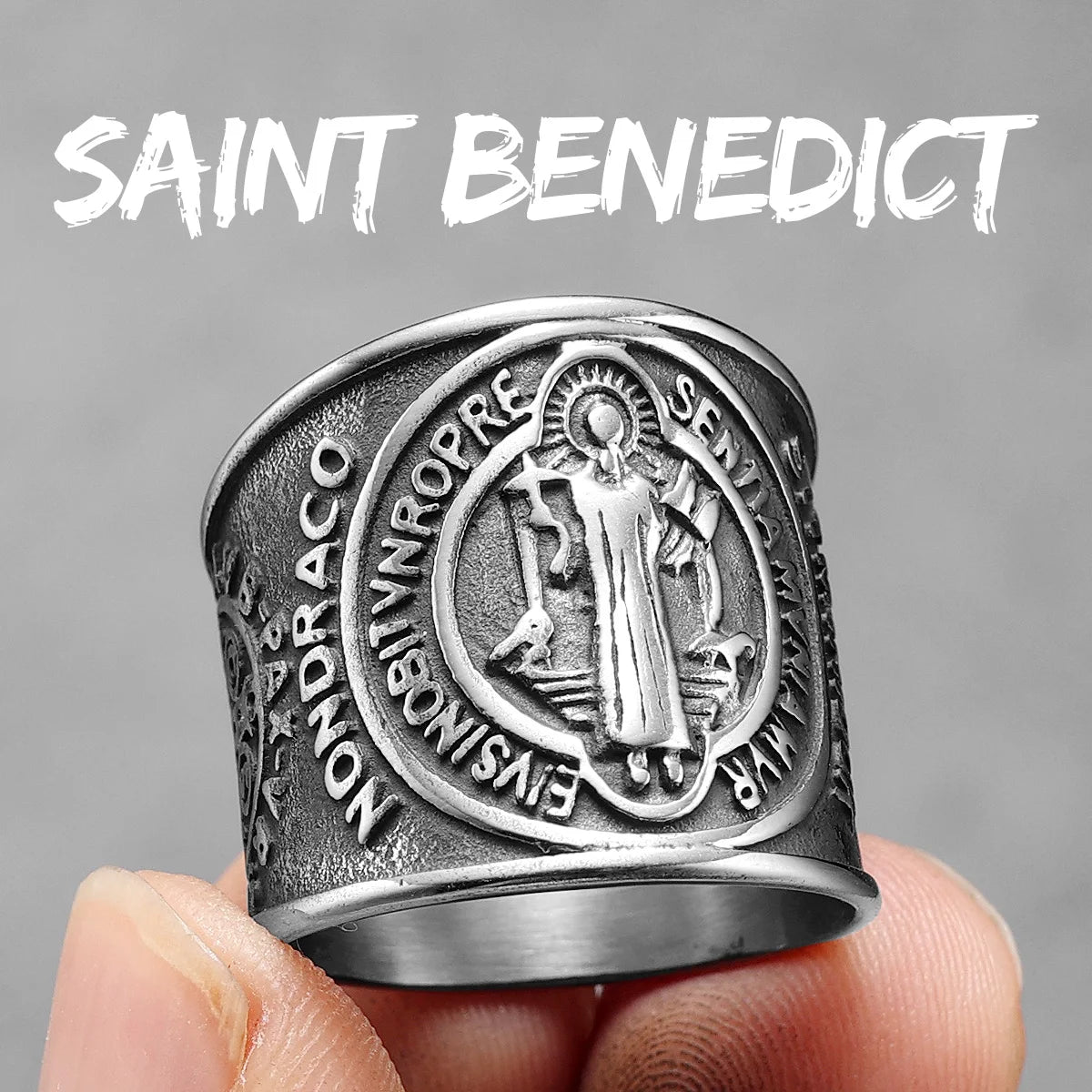 Catholic Saint Benedict Exorcism Amulet  Men Rings Stainless Steel Women Jewelry Vintage Punk Fashion Accessories Gift Wholesale