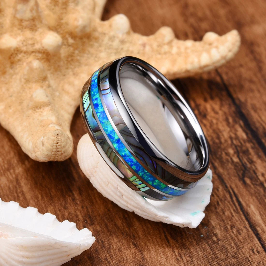 Fashion Men Silver Color Stainless Steel Rings, Inlay Blue Opal and Abalone Shell Rings For Men Women, Wedding Band Jewelry Gift