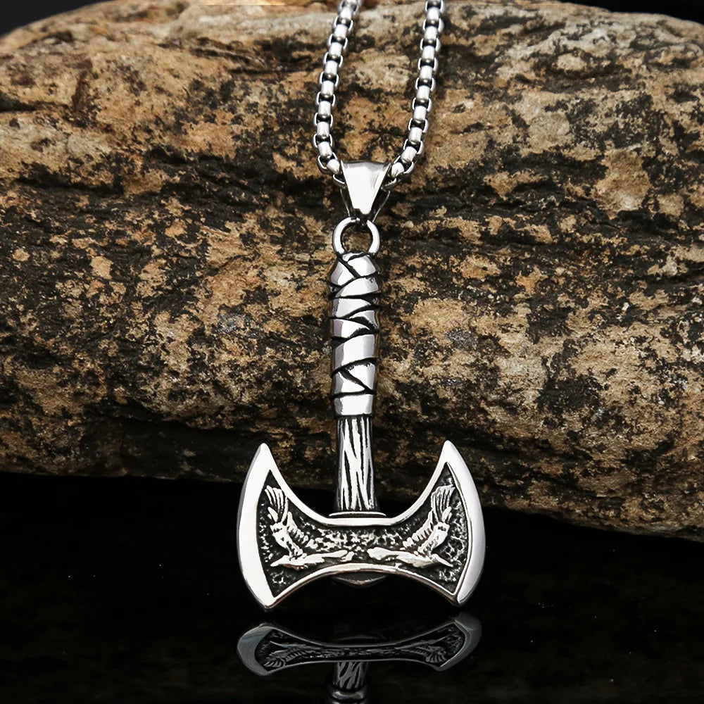 Stainless Steel Men's Viking Axe Pendant Chain Never Fading Nordic Double Eagle Necklace Amulet Jewelry Accessories