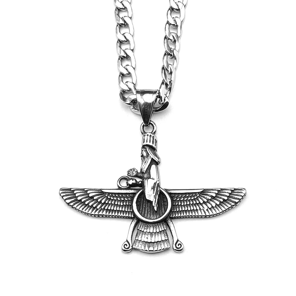 Farvahar Ahura Persia Symbol Zoroastrian Necklace for Women Men Stainless Steel Ancient Amulet Chain Jewelry Collar NZZ420S2