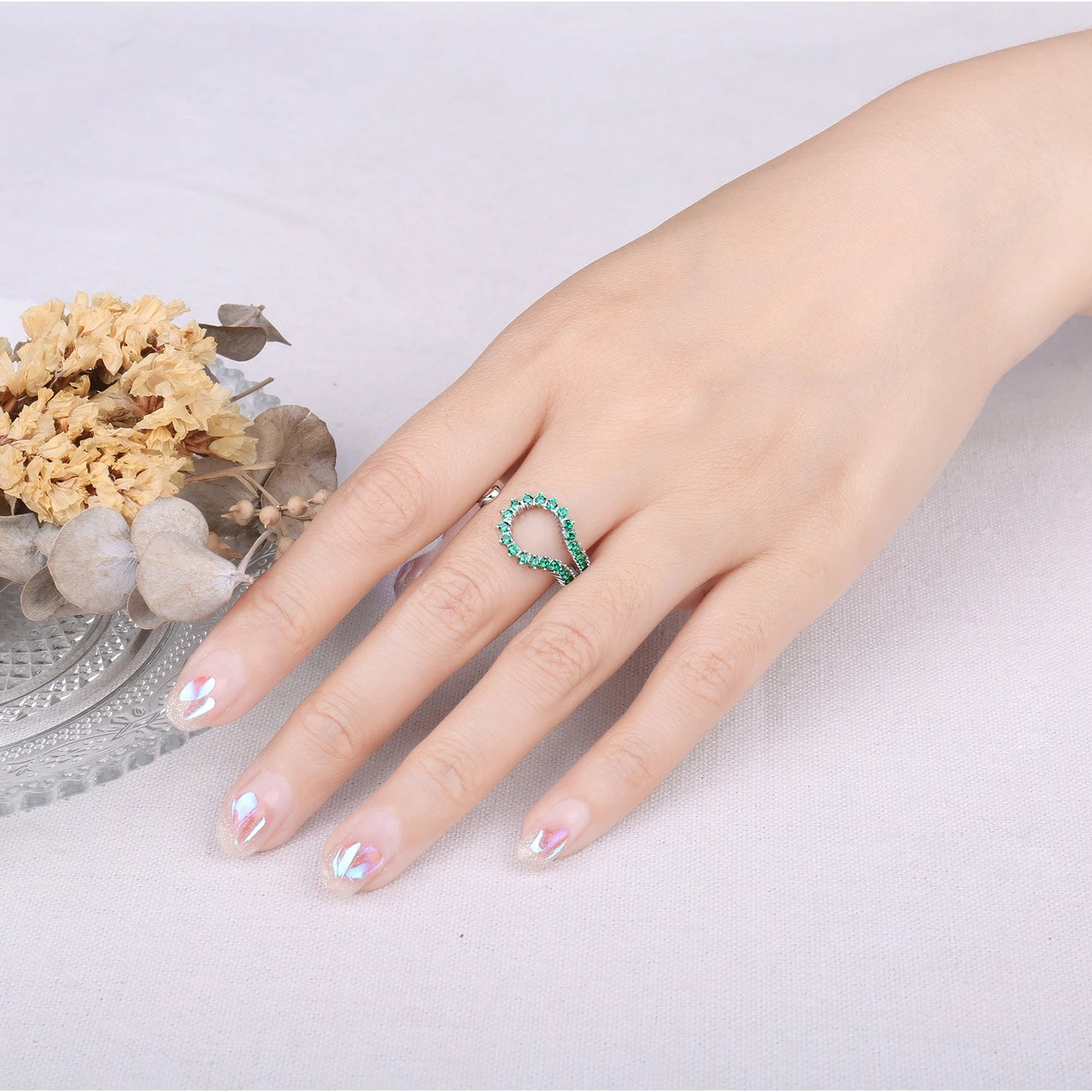 JewelryPalace Simulated Nano Emerald 925 Sterling Silver Open Adjustable Ring for Women Statement Green Gemstone Fine Jewelry