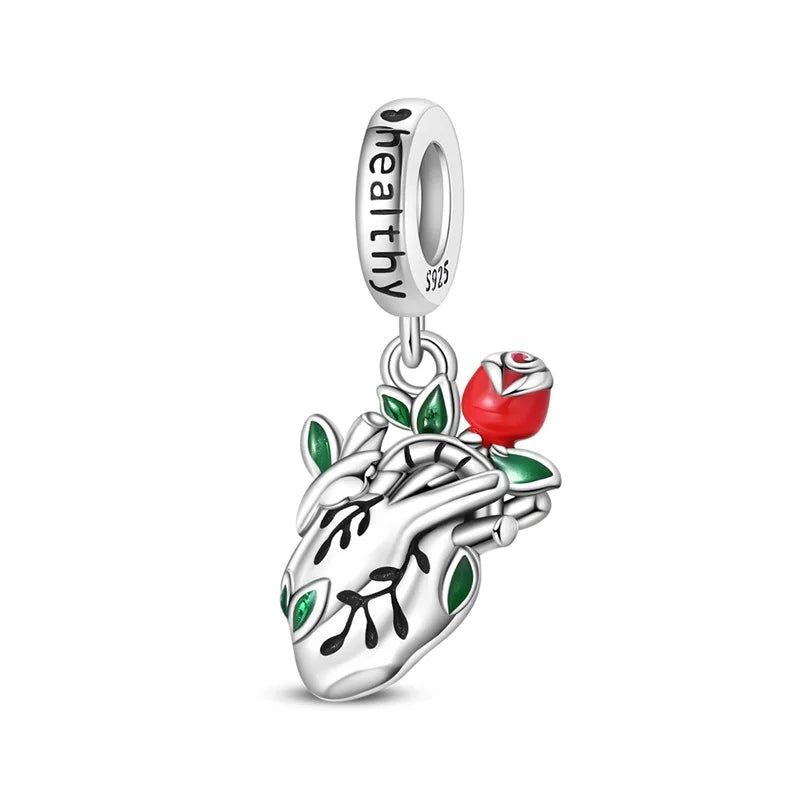 Heart & Organ Charm 925 Sterling Silver Red Rose Skull Dangle Pendant Dark Aesthetic Fit Bangle Bracelet Necklace DIY Jewelry