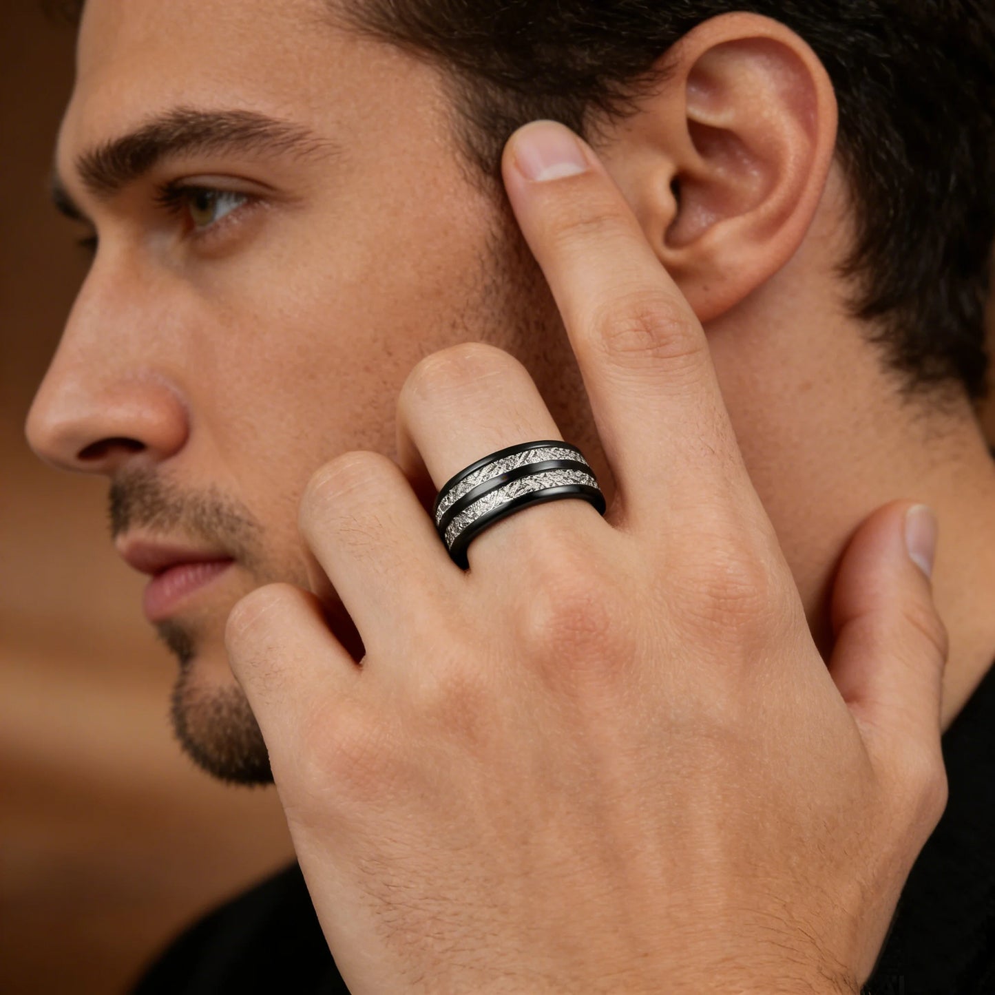 Fashion 8mm Black Color Stainless Steel Rings for Men Double Groove Meteorite Inlay Dome Men Finger Ring Wedding Band Jewelry