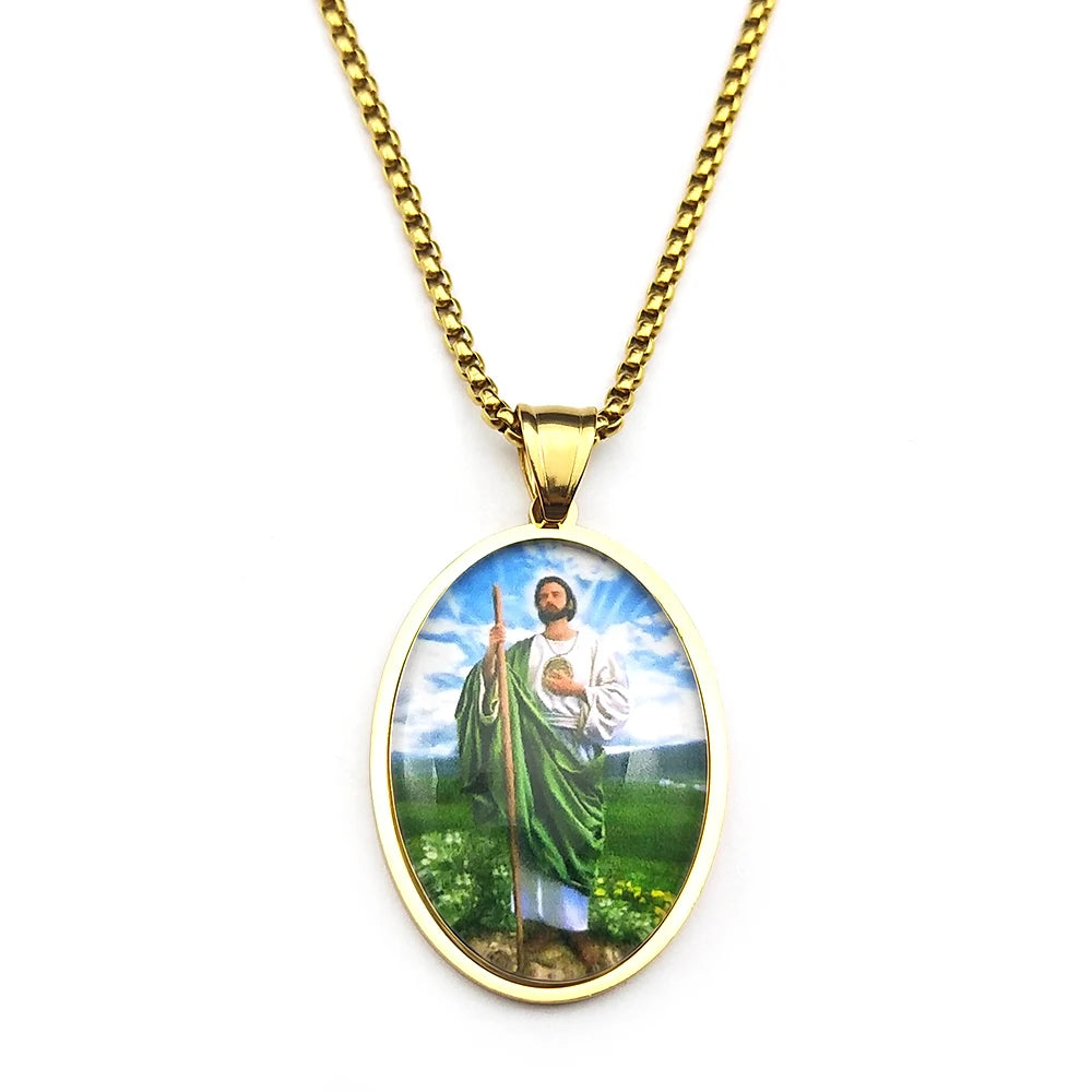 Christian San Judas Tadeo Glass Medal Pendant Necklace for Women Men Stainless Steel Gold Color Saint Jude Amulet Jewelry Gift