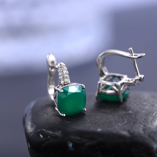 GEM'S BALLET Green Onyx Earrings 7.33Ct Natural Green Agate Gemstone Stud Earrings 925 Sterling Silver Women's Earrings  Jewelry