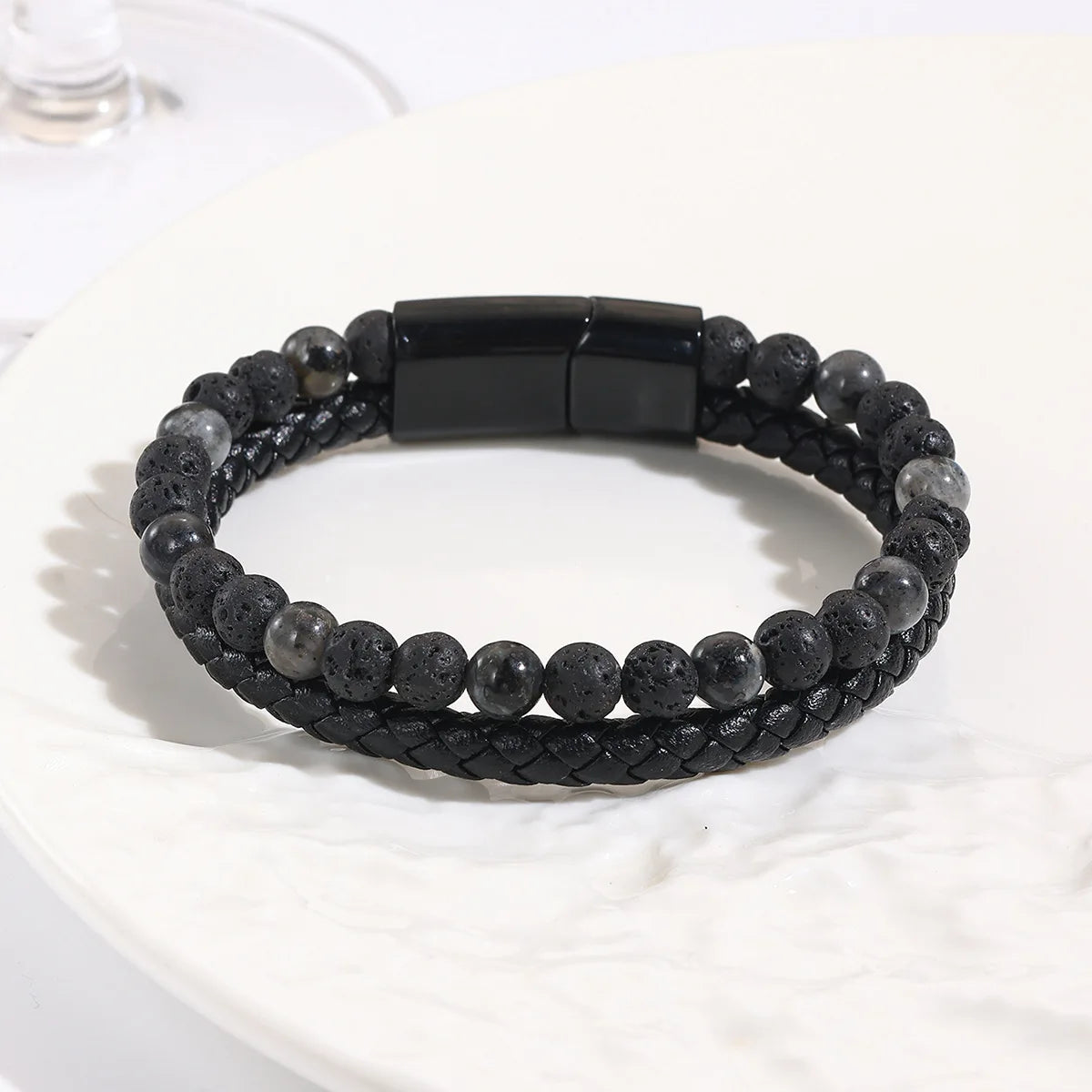Black Shining Volcano Tiger Eye Bead Natural Stone Bracelet Men's Cowhide Rope Bracelet Hand String Jewelry Gift