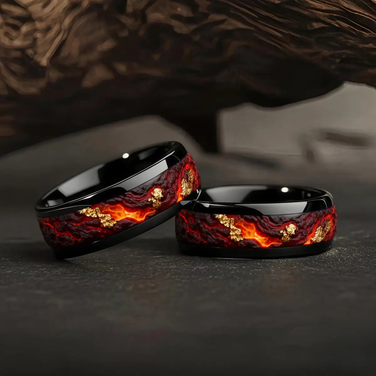 Fashion Black Men Stainless Steel Ring with Volcanic Lava and Golden Foil Pattern Inlay Rings for Men Wedding Jewelry Drop Ship