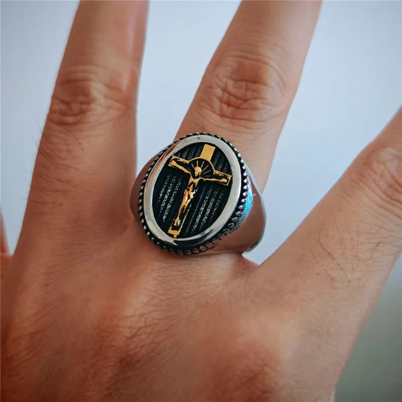 New Jesus Cross Solid Ring For Man 316L Stainless Steel Jewelry Polishing Punk God Ring Size 7-14