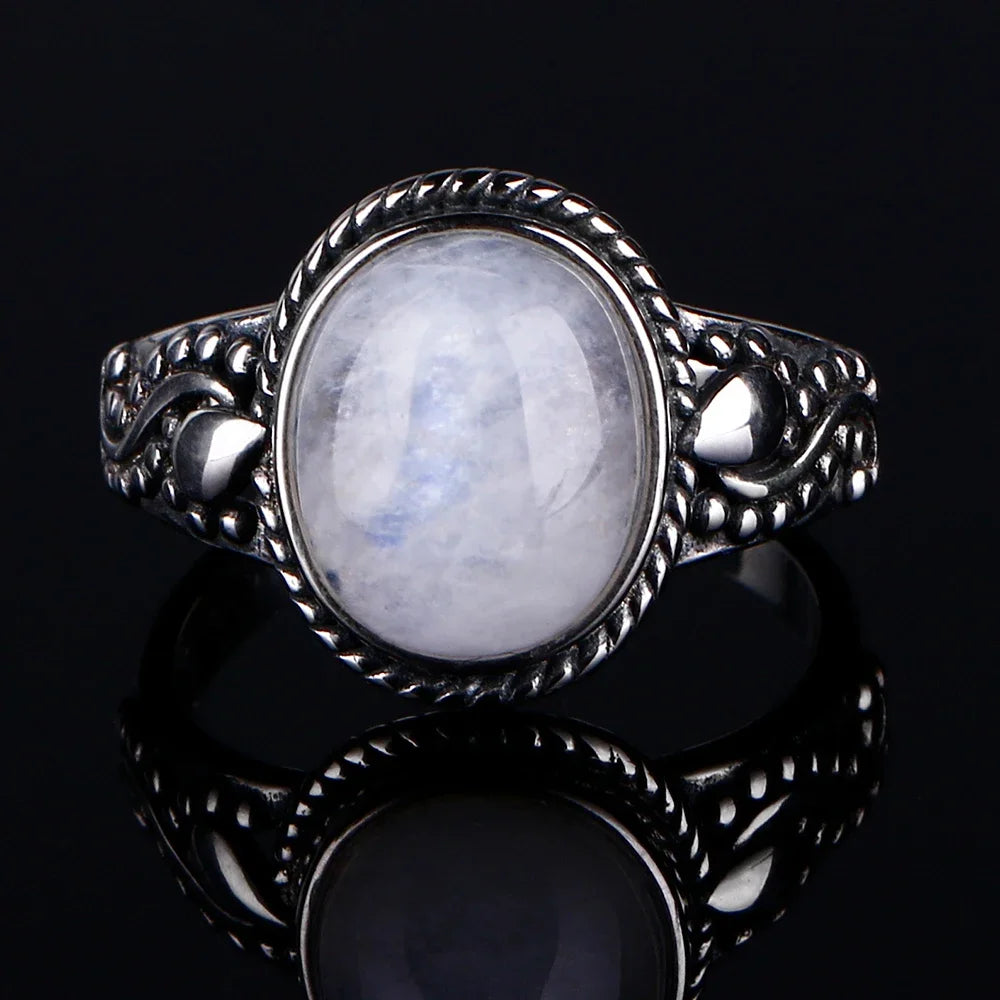 Round Oval Big Natural Moonstones Rings Women's 925 Sterling Silver Rings Gifts Vintage Fine Jewelry R308MS-5