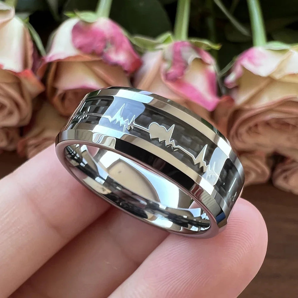 Fashion 8mm SilverBlue Carbon Fiber Heart Inlay Tungsten Carbide Engagement Rings Wedding Bands Domed Polished Shiny Comfort Fit