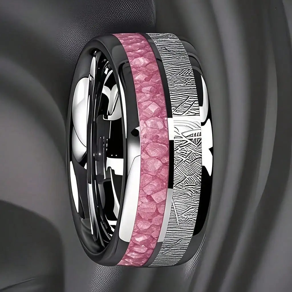 Fashion 8mm Silver Color Men Stainless Steel Rings, Pink Rose Abalone Shell Meteorite Inlay Rings for Men Women, Wedding Jewelry