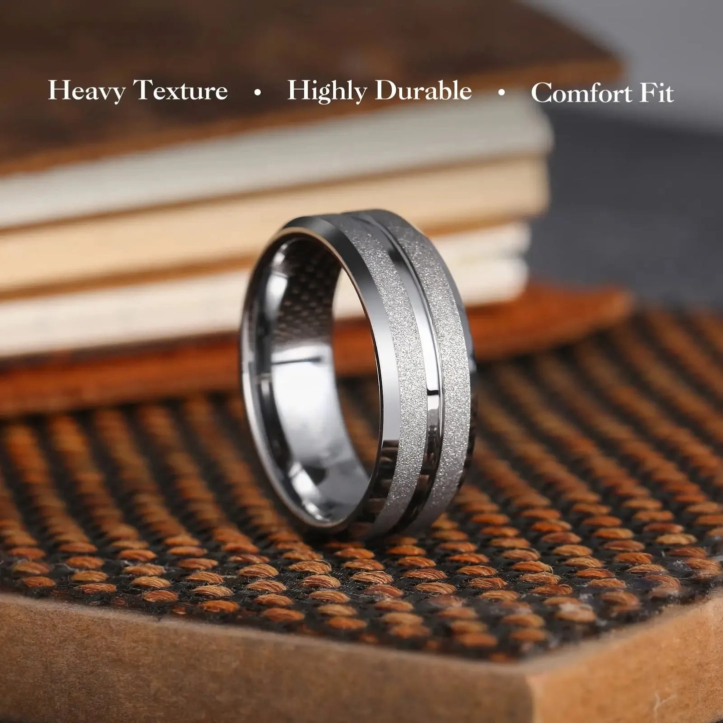 Trendy 8mm Men Frosted Stainless Steel Rings, Gold Color Brushed Groove Beveled Edge Engagement Rings For Men, Wedding Jewelry