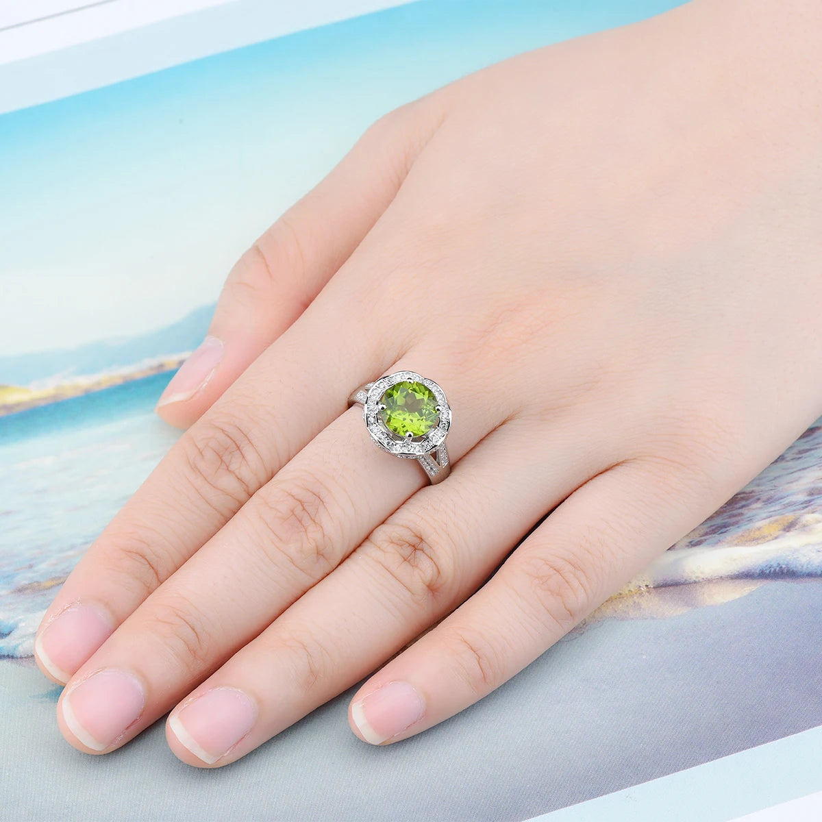 Natural Peridot Sterling Silver Ring 3.2 Carats Genuine Gemstone Women Classic Flower Design S925 Rhodium Plated Anniversary