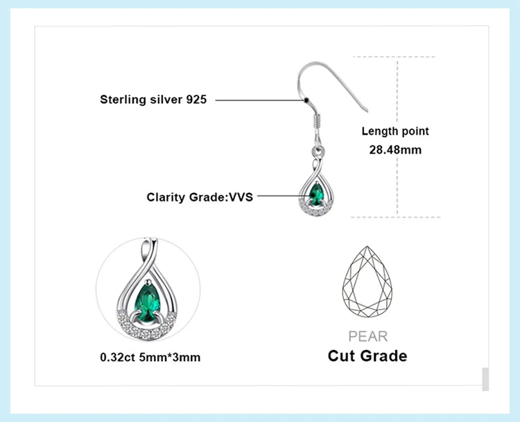 JewelryPalace Pear Simulated Nano Emerald 925 Sterling Silver Drop Earrings for Women Fashion Statement Green Gemstone Jewelry