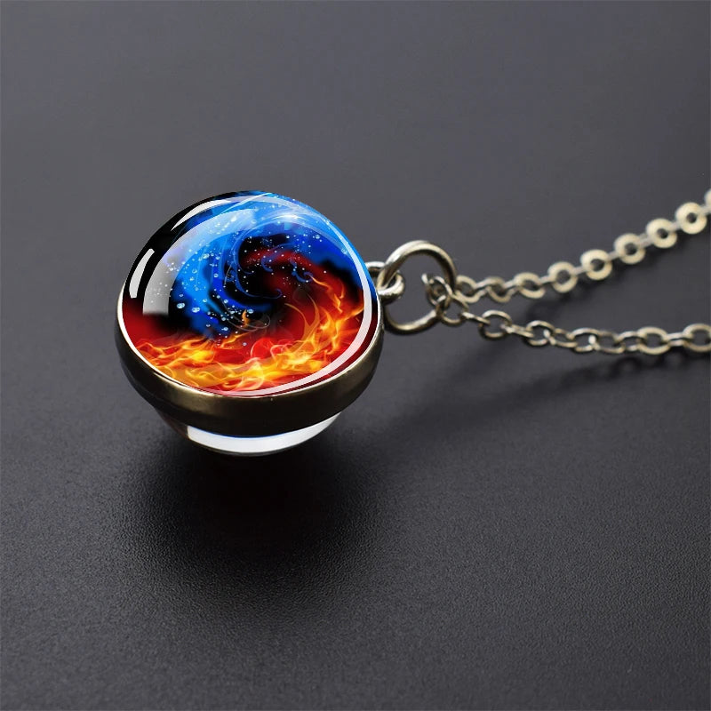 Ice and Fire Phoenix Yin Yang Aurora Necklaces Double Sided Glass Ball Pendant Fashion Chains Necklace Women Men Cool Jewelry