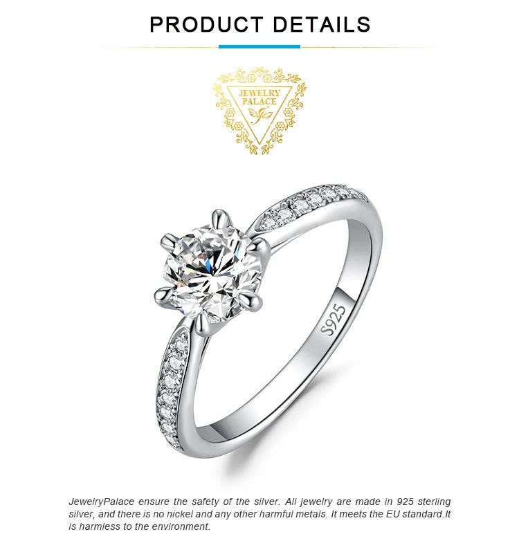 JewelryPalace 5A CZ Solitaire Classic Design 925 Sterling Silver Wedding Engagement Ring for Woman Anniversary Gift Fine Jewelry