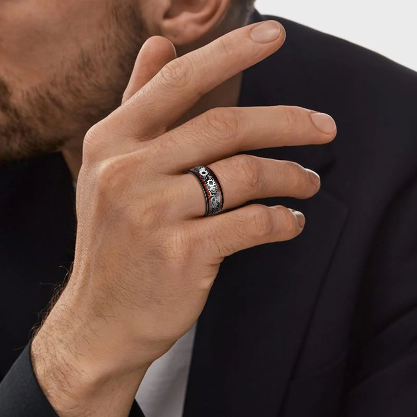 Hiphop Steampunk Men Black Stainless Steel Gear Wheel Rings Koa Wood Inlay Black Carbon Fiber Rings for Men Rock Biker Jewelry