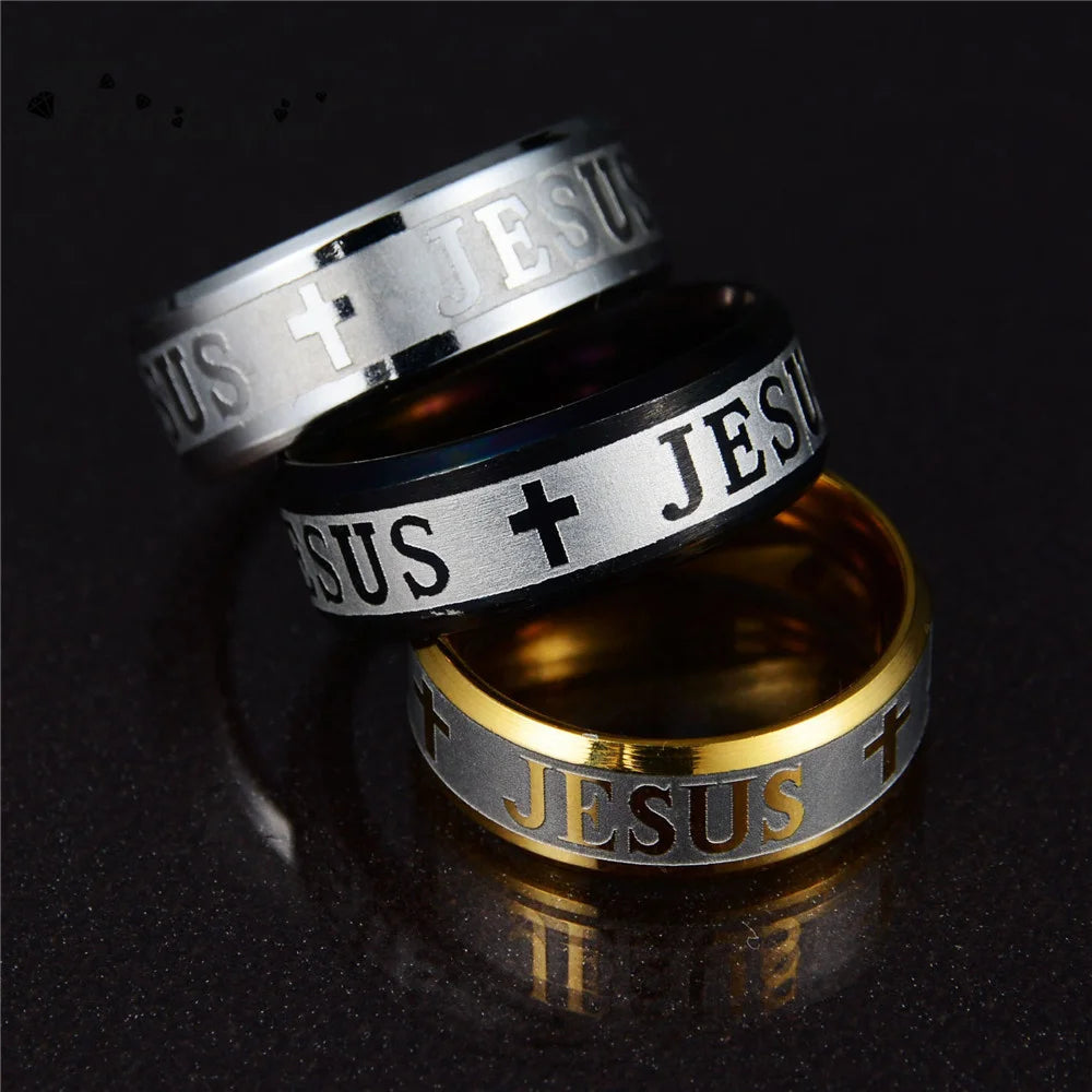 FairLadyHood TOP Quality Catholic 8mm Titanium Steel Silver Color Rose Gold Color Jesus Cross Letter Bible Wedding Band Ring Men