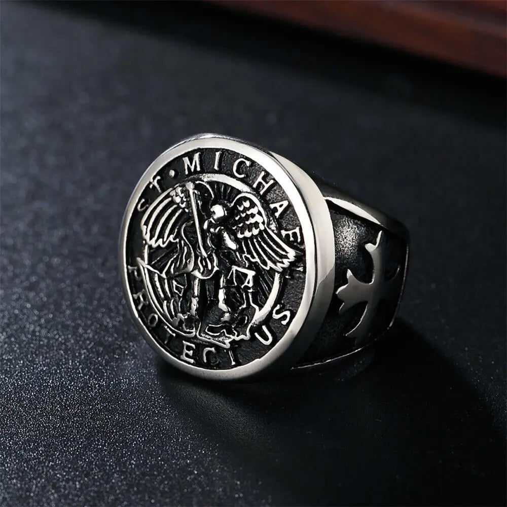Mens Stainless Steel Catholic Archangel St Saint Michael Ring Size 7-15