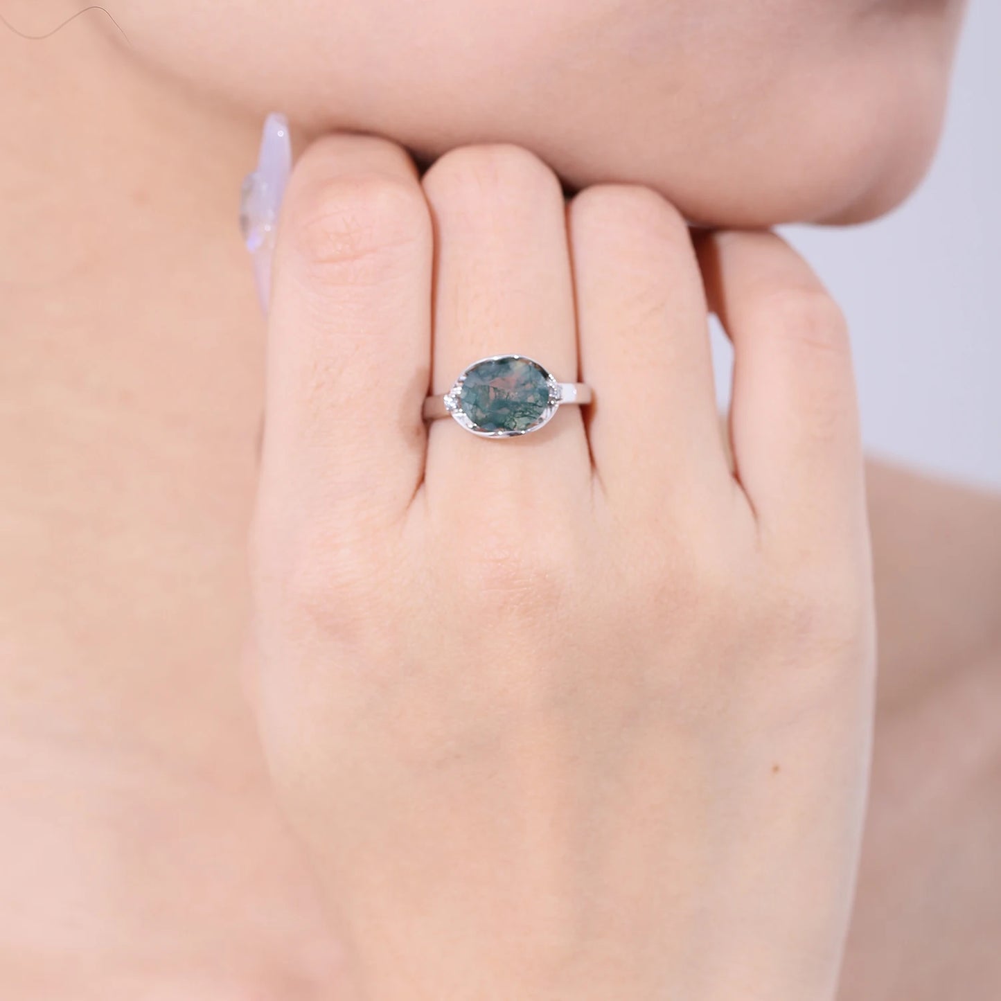 GEM'S BALLET  Birthstone Dainty Ring 8X10mm Oval 2.91Ct Natural Moss Agate Gemstone Ring in 925 Sterling Silver Gift For Her