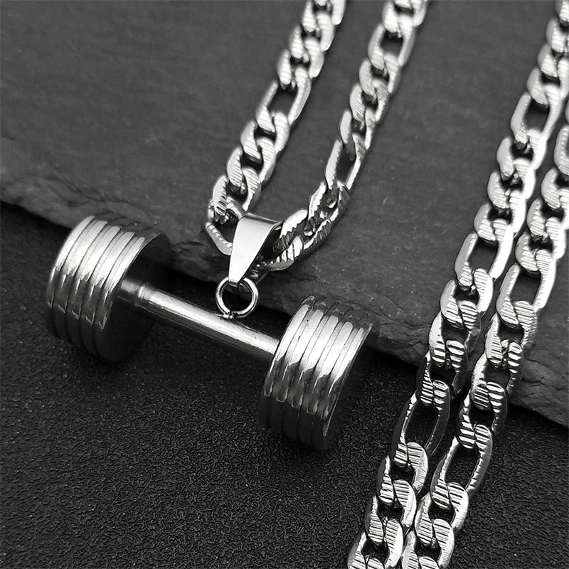 Gym Dumbbell Pendant Necklace for Women Men Stainless Steel Gold Silver Color Muscular Men Fitness Leisure Sports Chain Jewelry