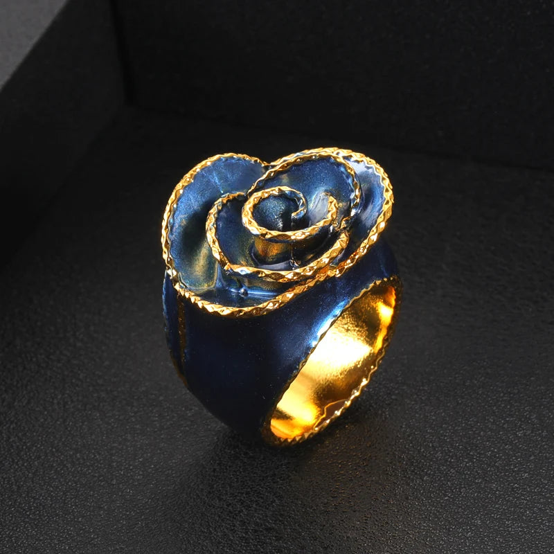 Janekelly Luxury Bold Big Flower Rings for Women Bridal Cubic Zircon Dubai Accessories Finger Ring Beach Jewelry Blue Gold-color