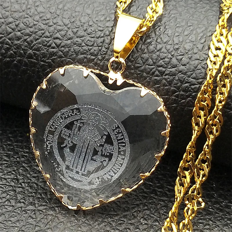 Catholic Saint Benedict Blue Heart Glass Pendant Necklace for Women Men Stainless Steel Chain Necklaces Jewelry San Benito