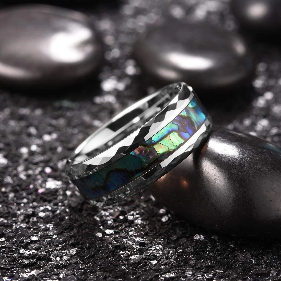 Fashion 8MM Rose Gold Color Stainless Steel Rings For Men Women Colorful Abalone Shell  Inlaid Men Rings Wedding Party Jewelry