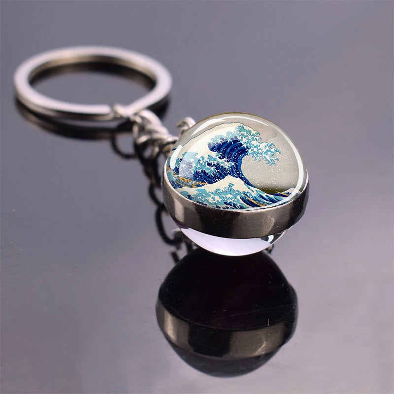 Blue Sea Keychain Marine Organisms Cute Key Chain Double Sided Glass Ball Pendant Dolphins Turtles Starfish Keyring Jewelry Gift As show 11