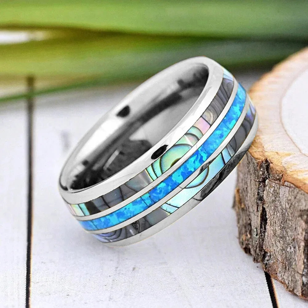 Fashion 8mm Silver Color Tungsten Wedding Men Stainless Steel Rings Inlay Abalone Shell Blue Opal Rings Men Wedding Jewelry