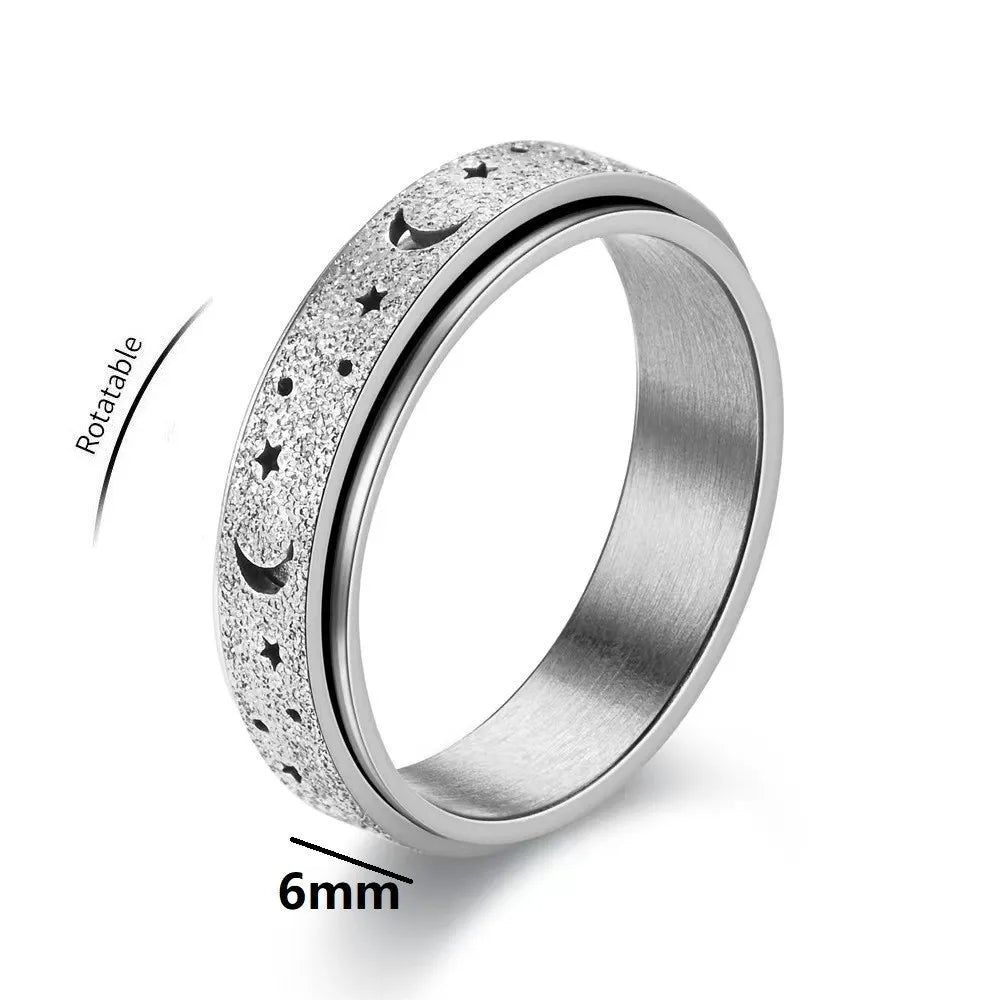 Frosted Stainless Steel Moon And Star Fidget Rings For Men Anti Stress And Anxiety Rotating Ring Fidget Metal Spinner Anillos