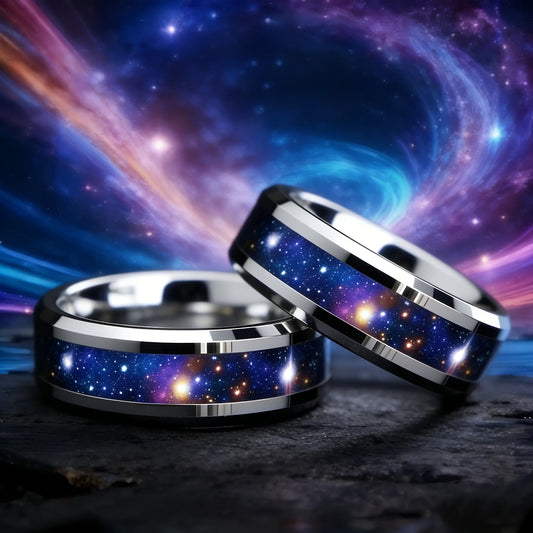 With Orion Nebula Opal Galaxy Starry Sky Design Ring Fashion 8mm Silver Color Men Stainless Steel Rings for Men Wedding Jewelry