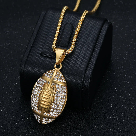 Fashion Hip Hop Jewelry Stainless Steel Rugby Silver Crystal Pendant Necklace Wholesale Metal Charms