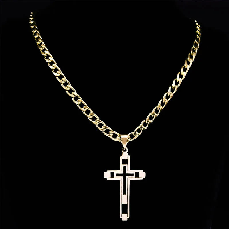 2026 Hip Hop Cross Stainless Steel Chain Necklaces Gold Color Long Pendant Necklace for Women/Men Jewelry Collier Homme N6055S05