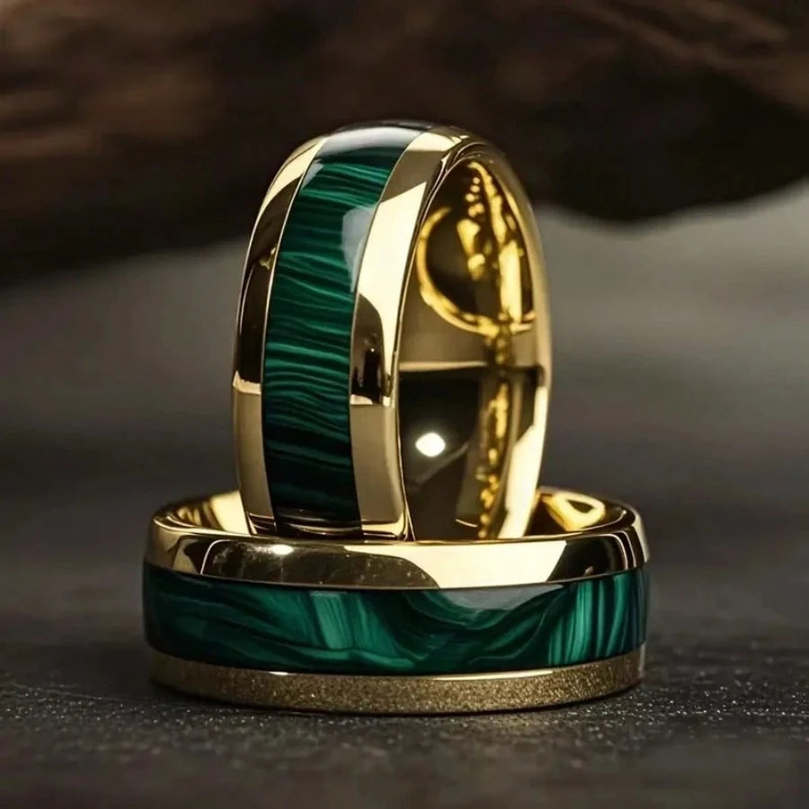 Fashion 8MM Gold Color Stainless Steel Rings For Men Domed Green Abalone Shell Inlay Rings Wedding Engagement Jewelry Gift
