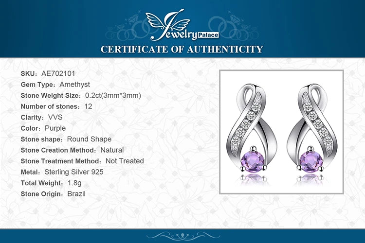 JewelryPalace Infinity Natural Purple Amethyst 925 Sterling Silver Stud Earrings for Women Jewelry